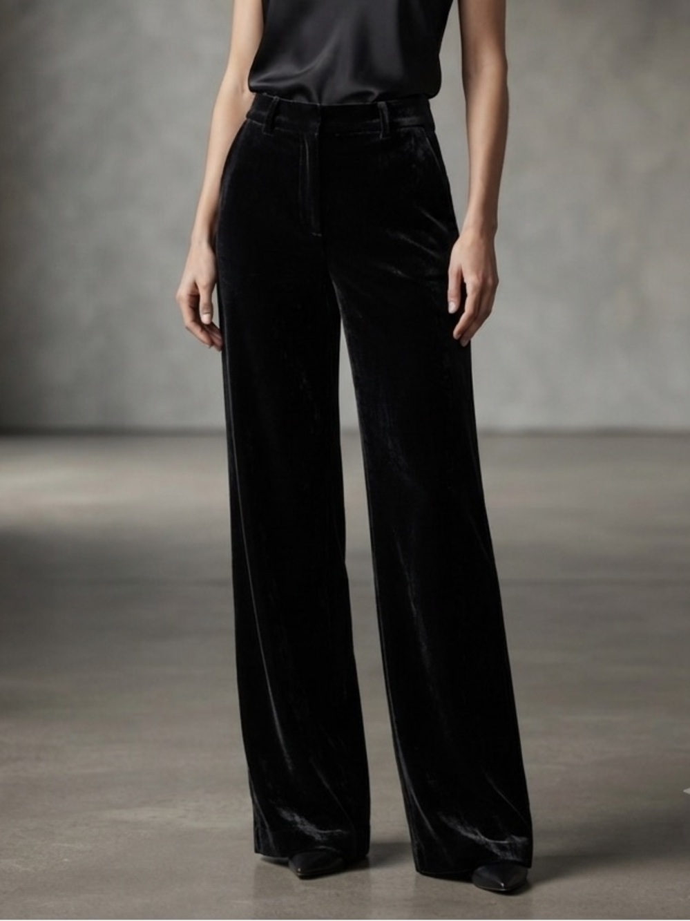 LOFT Peyton Velvet Trousers Black Wide Leg High Rise Pleated Pants Minimalist 8